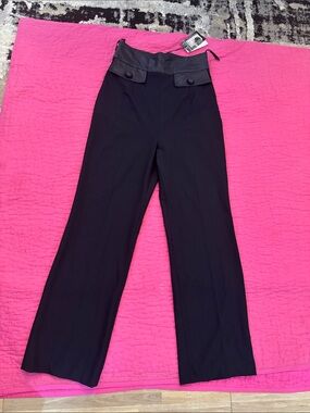NWT Tenax super High-Rise Black Wide-Leg Pants with Faux Leather Waist Detail, S